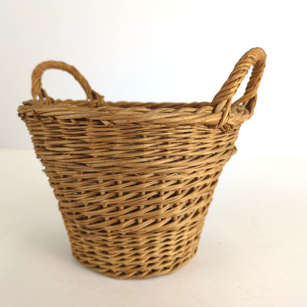 Vintage Wicker Rattan Double‎ Handle Small Basket, 4.5"T 6"Dia, French Country